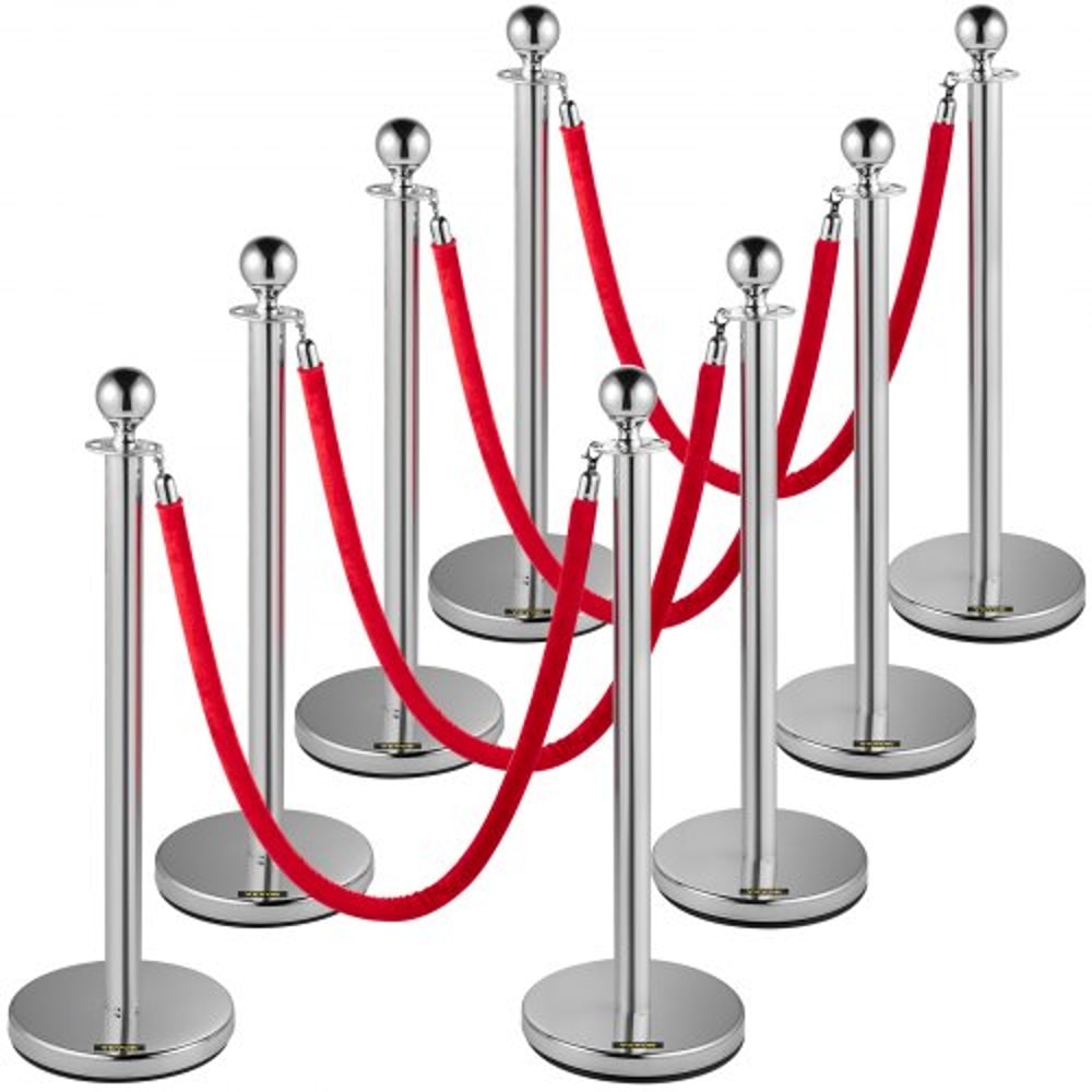 Crowd Control Stanchion Set, Silver Stainless Steel Barrier with Red Velvet Rope & Weighted Metal Base, Quick Setup