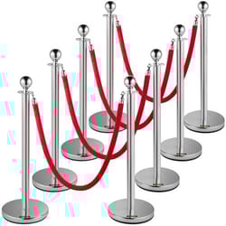 crowd control stanchion set, silver stainless steel barrier with red velvet rope & weighted metal base, quick setup