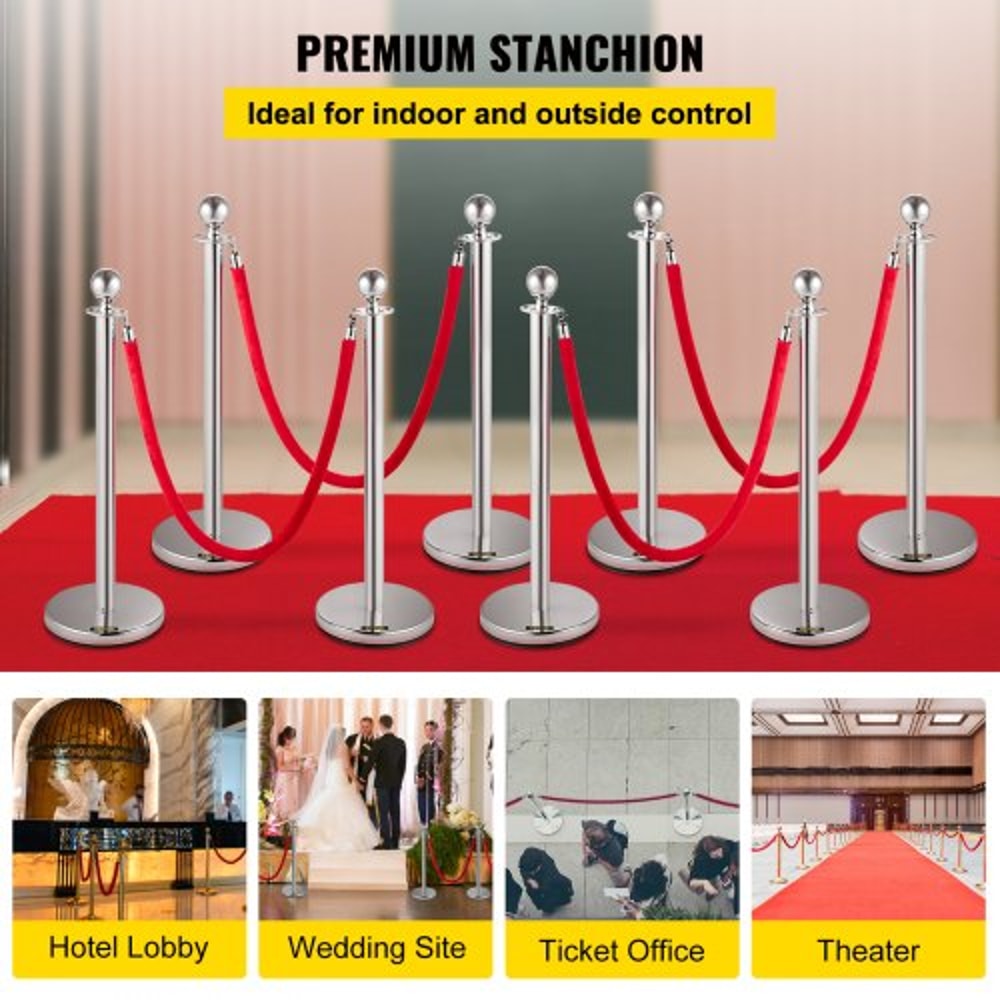 Crowd Control Stanchion Set, Silver Stainless Steel Barrier with Red Velvet Rope & Weighted Metal Base, Quick Setup