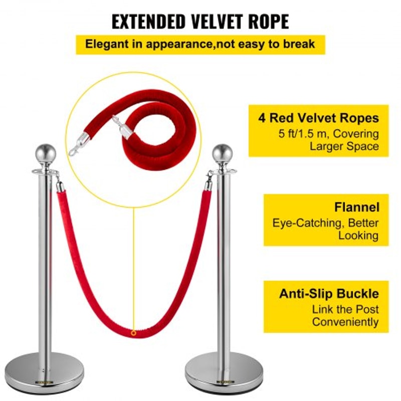 Crowd Control Stanchion Set, Silver Stainless Steel Barrier with Red Velvet Rope & Weighted Metal Base, Quick Setup
