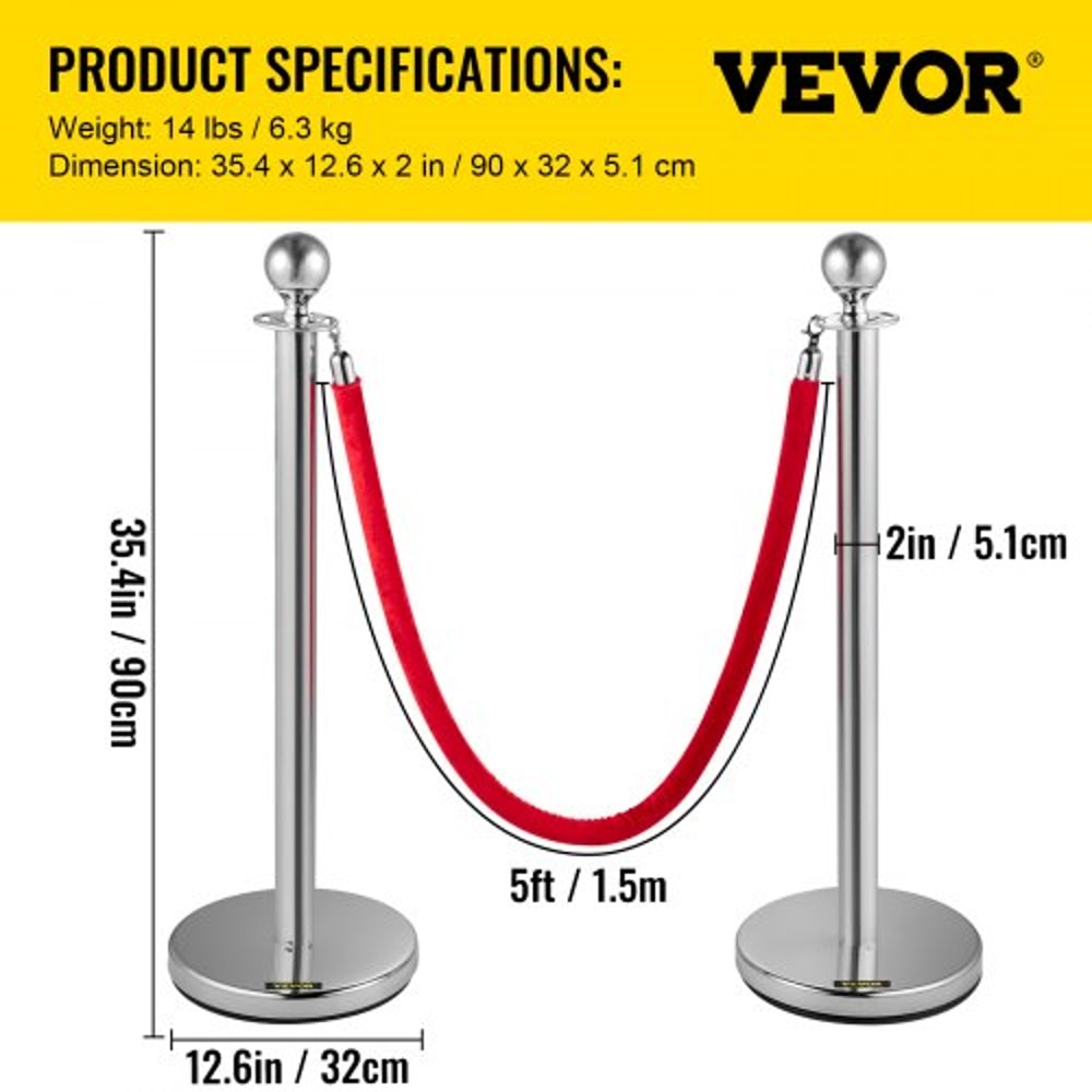Crowd Control Stanchion Set, Silver Stainless Steel Barrier with Red Velvet Rope & Weighted Metal Base, Quick Setup