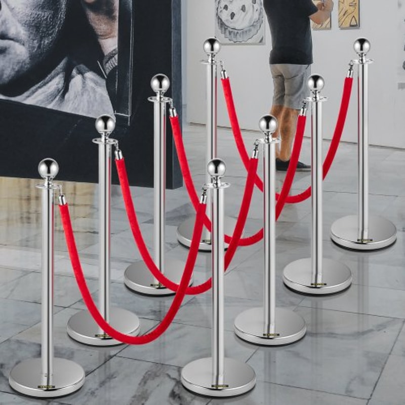 Crowd Control Stanchion Set, Silver Stainless Steel Barrier with Red Velvet Rope & Weighted Metal Base, Quick Setup
