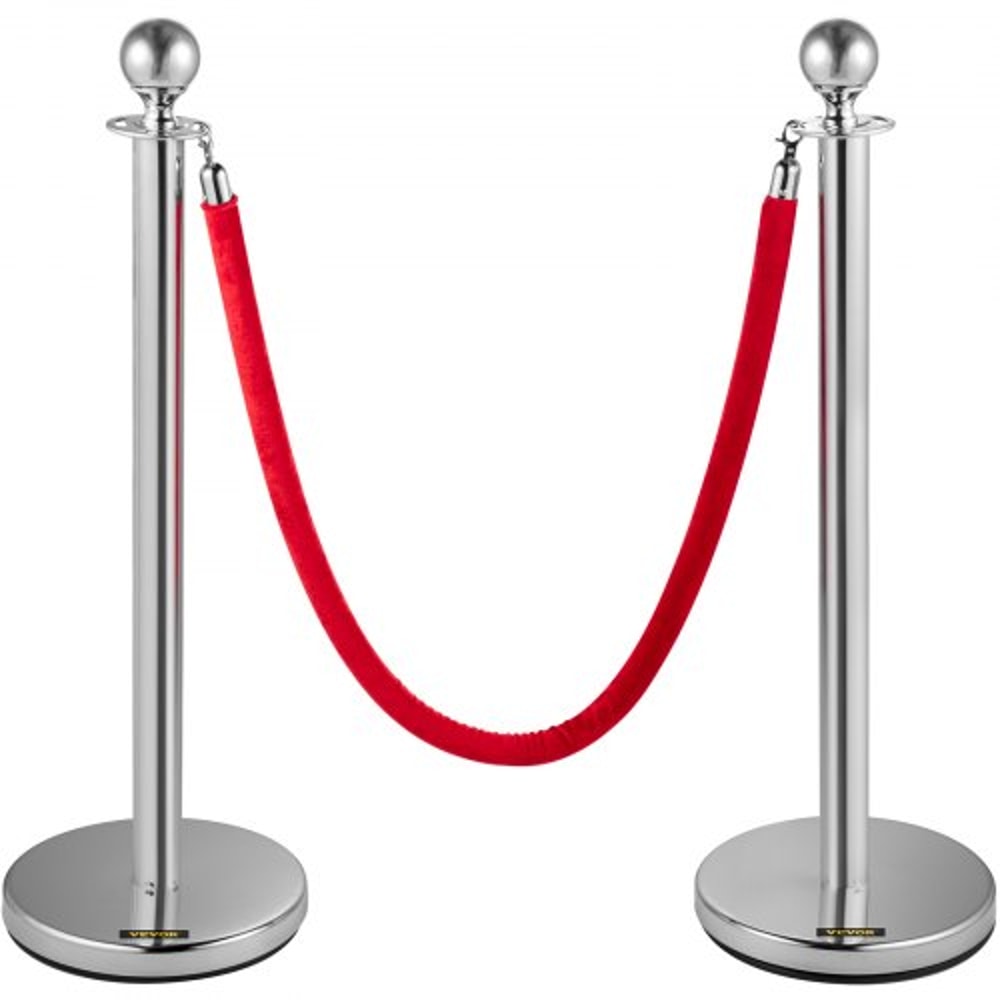 Crowd Control Stanchion Set, Silver Stainless Steel Barrier with Red Velvet Rope & Weighted Metal Base, Quick Setup