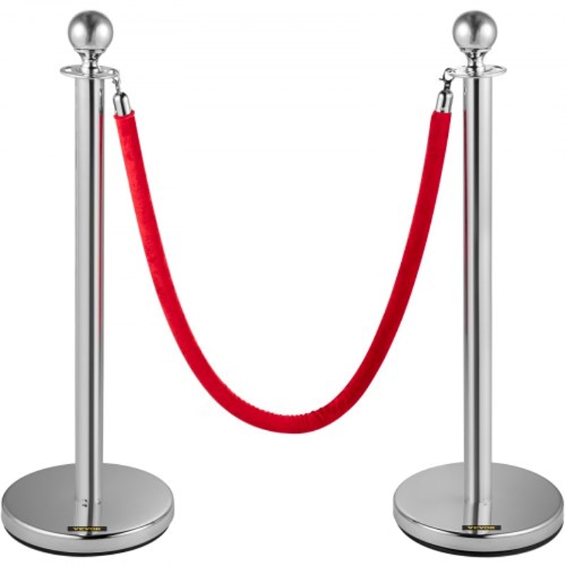 Crowd Control Stanchion Set, Silver Stainless Steel Barrier with Red Velvet Rope & Weighted Metal Base, Quick Setup