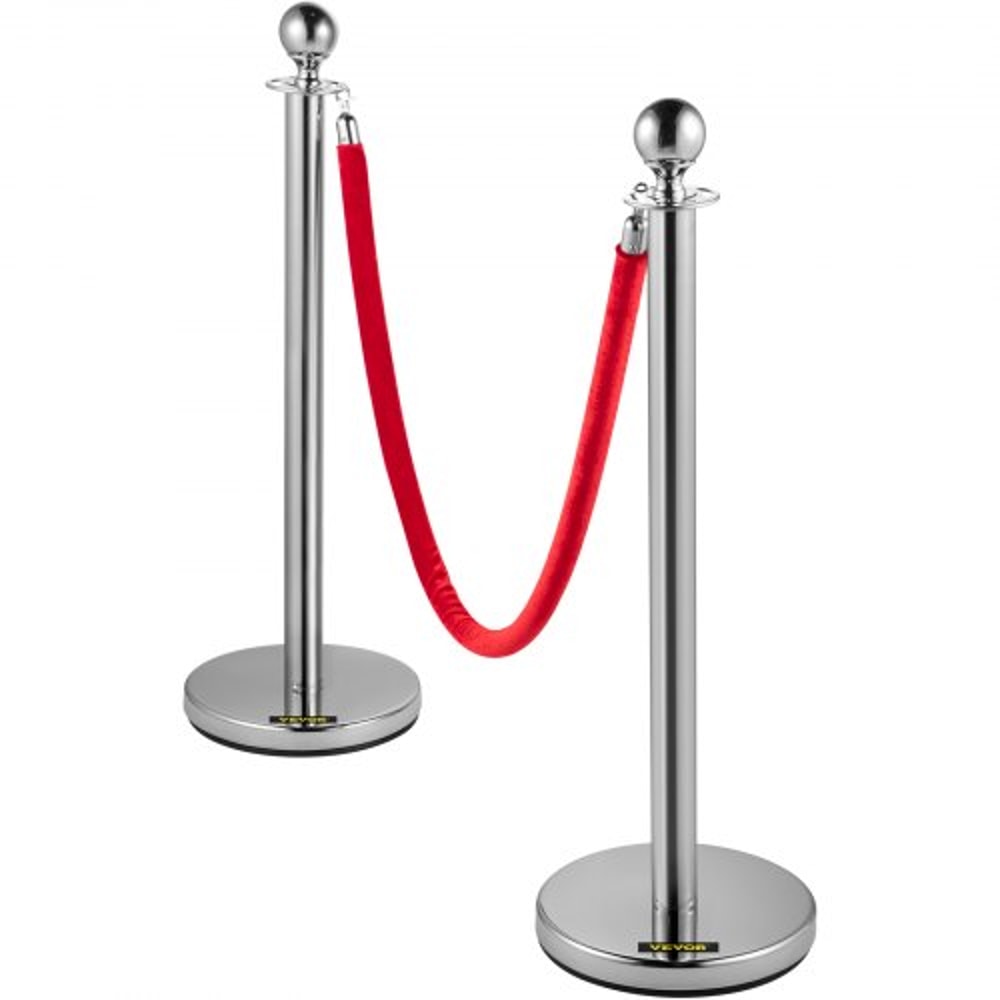Crowd Control Stanchion Set, Silver Stainless Steel Barrier with Red Velvet Rope & Weighted Metal Base, Quick Setup