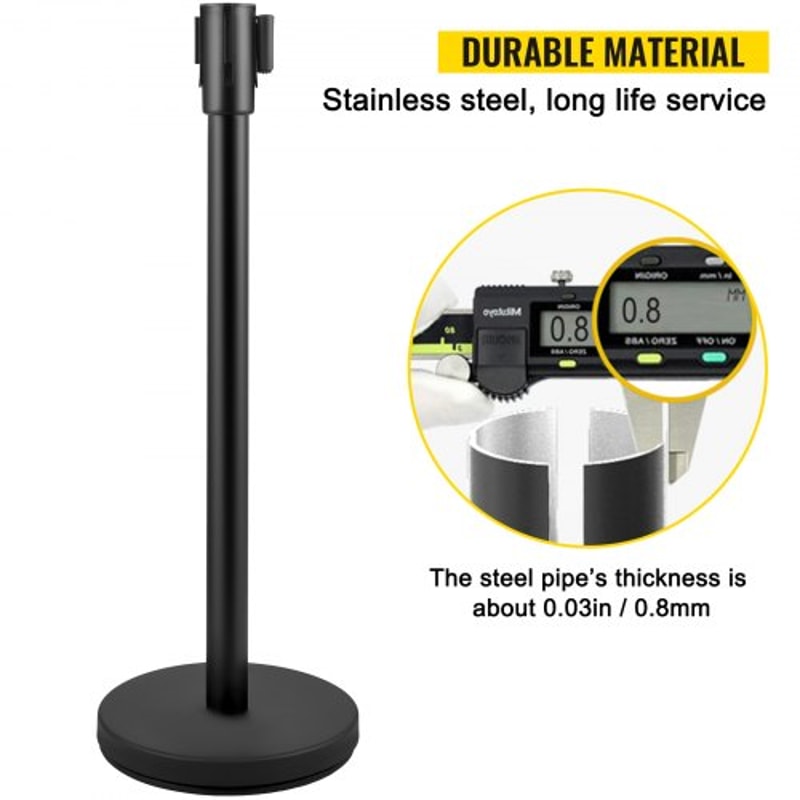 Crowd Control Stanchion, Black Retractable Belt Queue Barrier, Heavy-Duty Black Stanchion Posts w/ Concrete & Metal Base