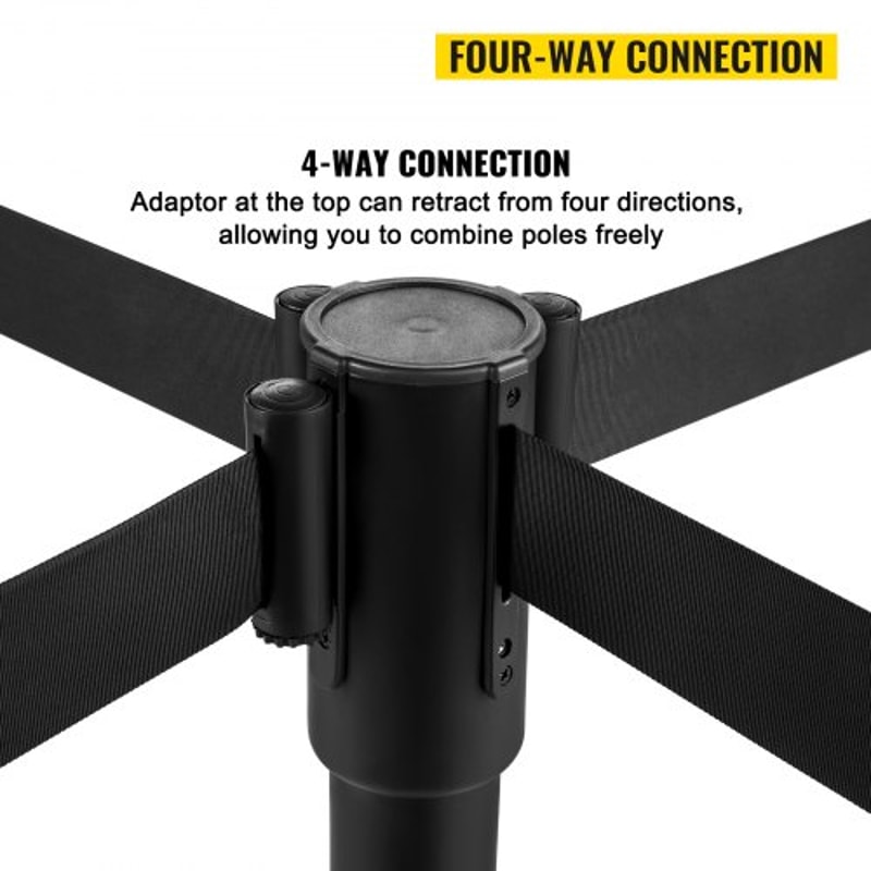 Crowd Control Stanchion, Black Retractable Belt Queue Barrier, Heavy-Duty Black Stanchion Posts w/ Concrete & Metal Base