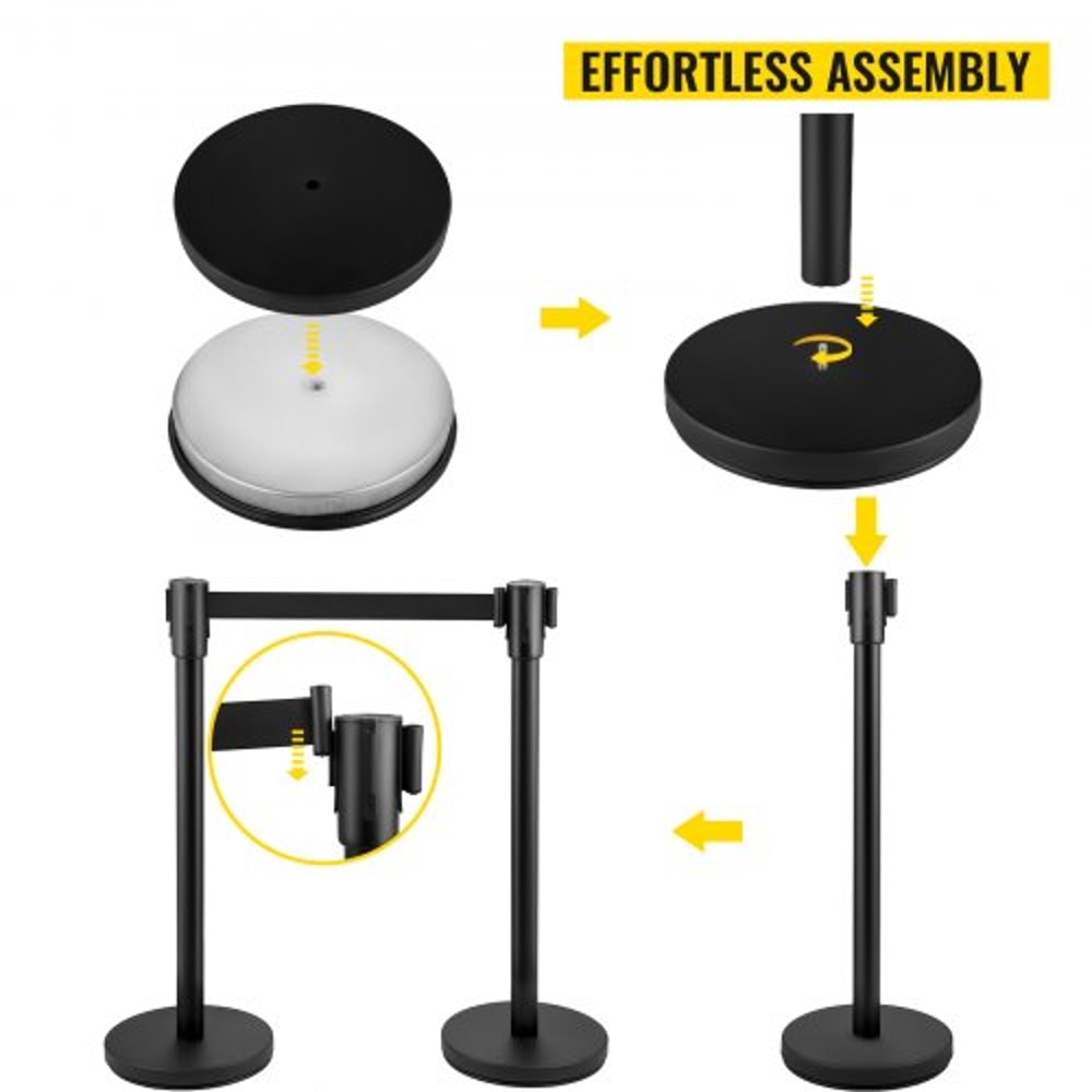 Crowd Control Stanchion, Black Retractable Belt Queue Barrier, Heavy-Duty Black Stanchion Posts w/ Concrete & Metal Base