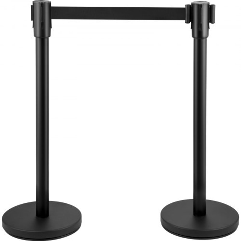 Crowd Control Stanchion, Black Retractable Belt Queue Barrier, Heavy-Duty Black Stanchion Posts w/ Concrete & Metal Base