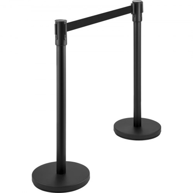 Crowd Control Stanchion, Black Retractable Belt Queue Barrier, Heavy-Duty Black Stanchion Posts w/ Concrete & Metal Base