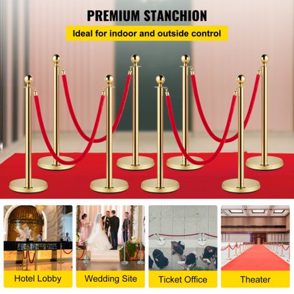 Premium Crowd Control Stanchion Set with Red Velvet Rope, Gold Stainless Steel Posts & Heavy-Duty Base