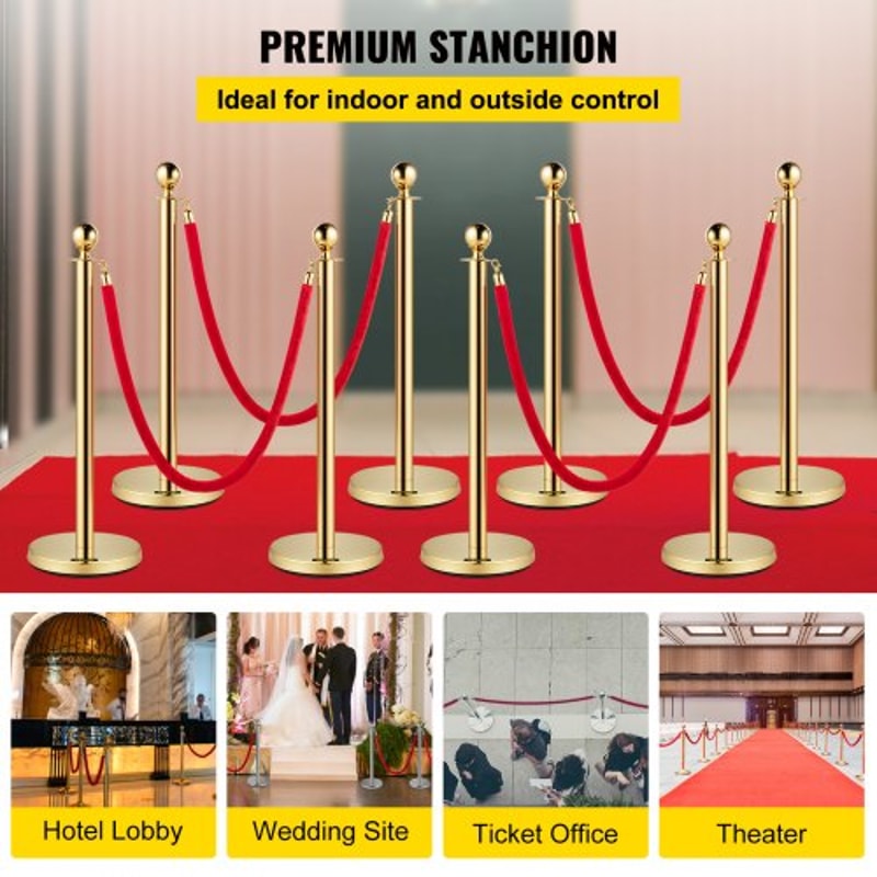 Premium Crowd Control Stanchion Set with Red Velvet Rope, Gold Stainless Steel Posts & Heavy-Duty Base