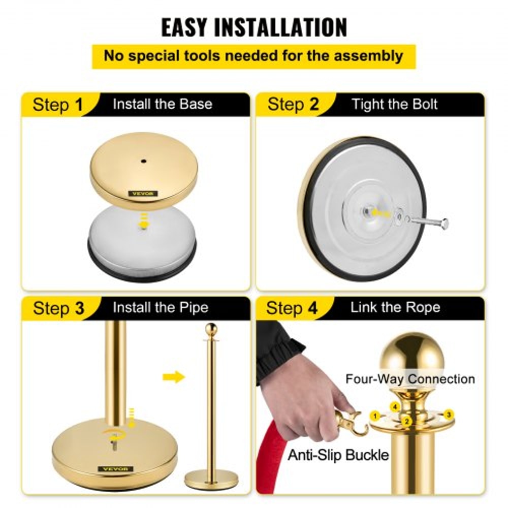 Premium Crowd Control Stanchion Set with Red Velvet Rope, Gold Stainless Steel Posts & Heavy-Duty Base