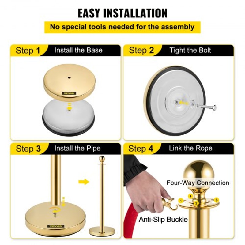 Premium Crowd Control Stanchion Set with Red Velvet Rope, Gold Stainless Steel Posts & Heavy-Duty Base