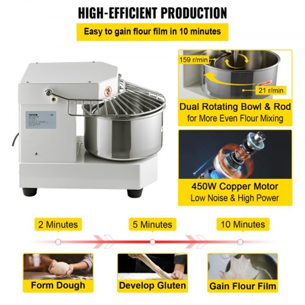 450W Commercial Dough Mixer 73Qt Stainless Steel Spiral Kneader With Timer Safety Shield For Pizze 4