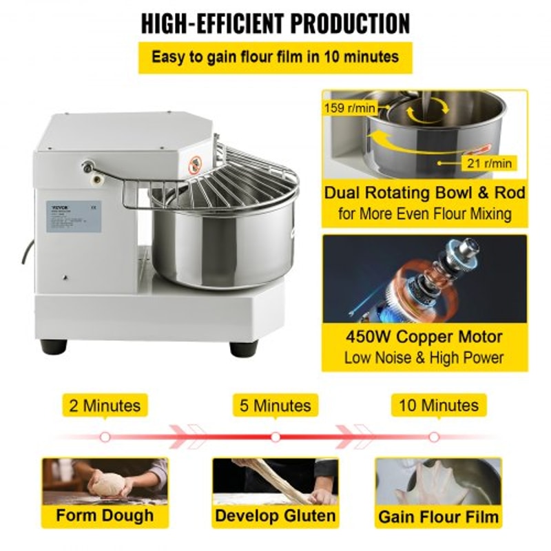 450W Commercial Dough Mixer 73Qt Stainless Steel Spiral Kneader With Timer Safety Shield For Pizze 4