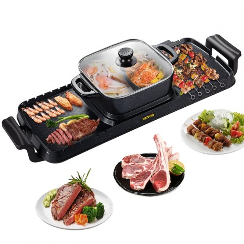 2400W 2in1 Electric Hot Pot Grill Dual Temp Control Smokeless BBQ Pan With Nonstick Coating For 18 1