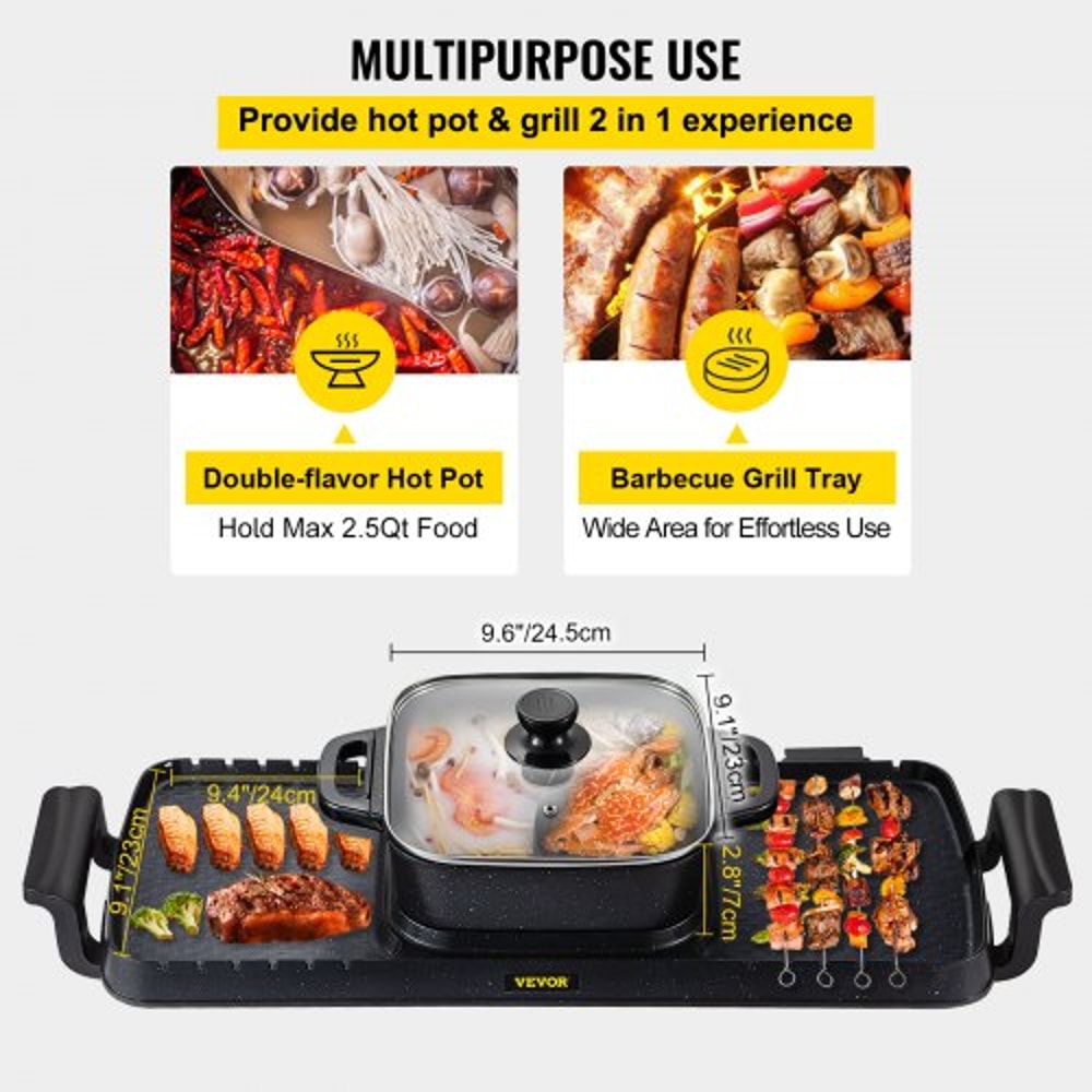 2400W 2in1 Electric Hot Pot Grill Dual Temp Control Smokeless BBQ Pan With Nonstick Coating For 18 3