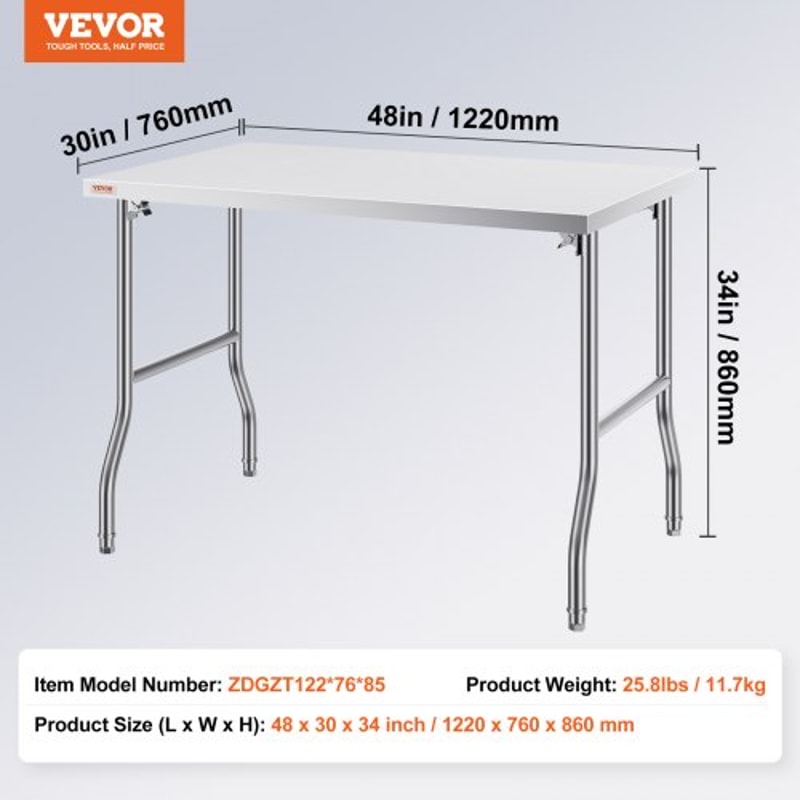 48x30 Inch Stainless Steel Kitchen Work Table HeavyDuty Folding Design W220 Lbs Capacity Commercial 8