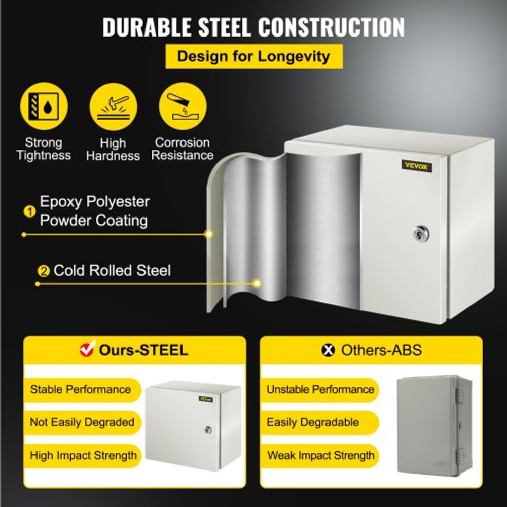 VEVOR NEMA Steel Enclosure, 12 x 12 x 8'' NEMA 4X Steel Electrical Box, IP66 Waterproof & Dustproof, Outdoor/Indoor Electrical Junction Box, with Mounting Plate