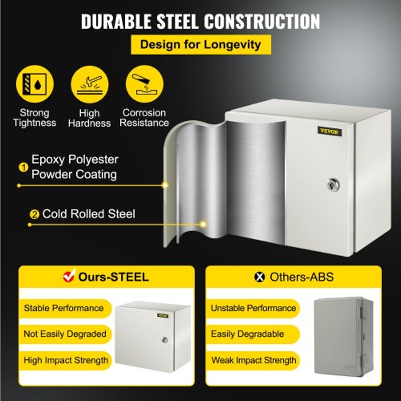 VEVOR NEMA Steel Enclosure, 12 x 12 x 8'' NEMA 4X Steel Electrical Box, IP66 Waterproof & Dustproof, Outdoor/Indoor Electrical Junction Box, with Mounting Plate