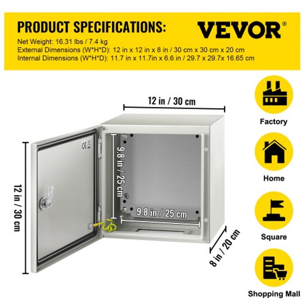 VEVOR NEMA Steel Enclosure, 12 x 12 x 8'' NEMA 4X Steel Electrical Box, IP66 Waterproof & Dustproof, Outdoor/Indoor Electrical Junction Box, with Mounting Plate