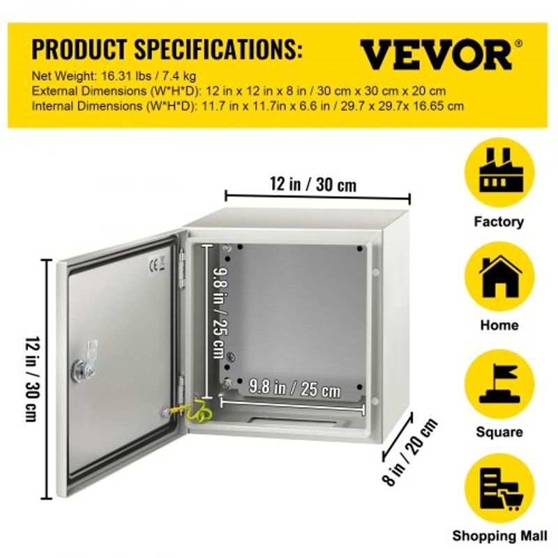 VEVOR NEMA Steel Enclosure, 12 x 12 x 8'' NEMA 4X Steel Electrical Box, IP66 Waterproof & Dustproof, Outdoor/Indoor Electrical Junction Box, with Mounting Plate