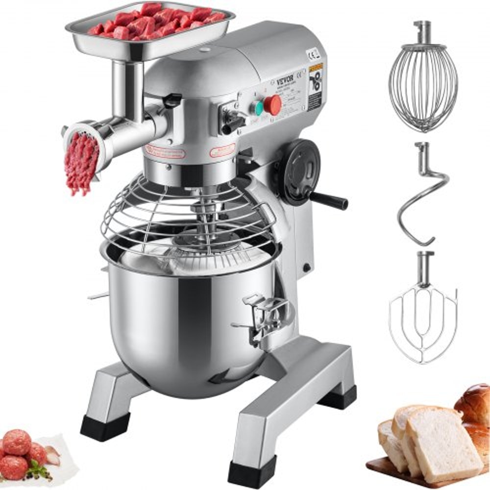 Commercial Stand Mixer, Stainless Steel Bowl, Electric Food Mixer with Meat Grinder, Dough Hook, Whisk & Beater