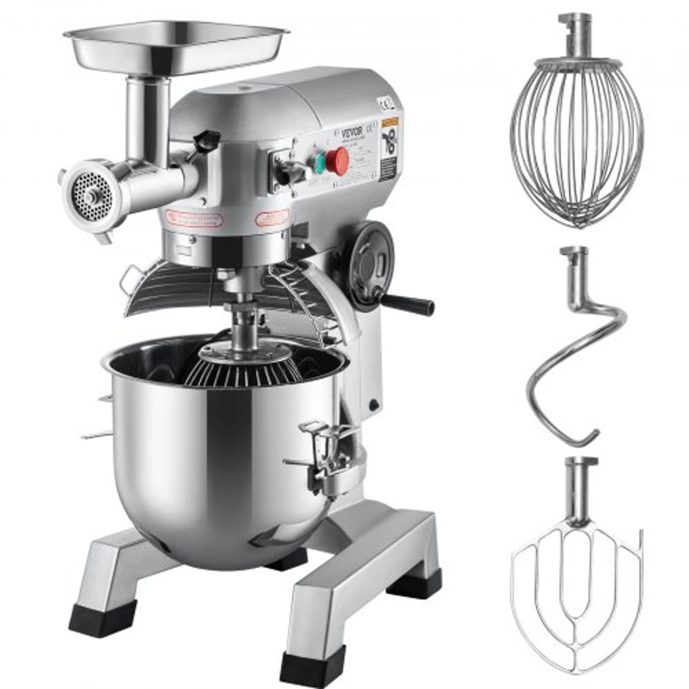 Commercial Stand Mixer, Stainless Steel Bowl, Electric Food Mixer with Meat Grinder, Dough Hook, Whisk & Beater