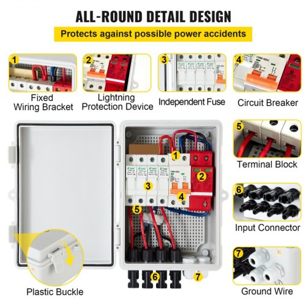 Solar PV Combiner Box 4 String 15A Fuse Box With 63A Breaker IP65 Waterproof For Outdoor Solar Pane 4