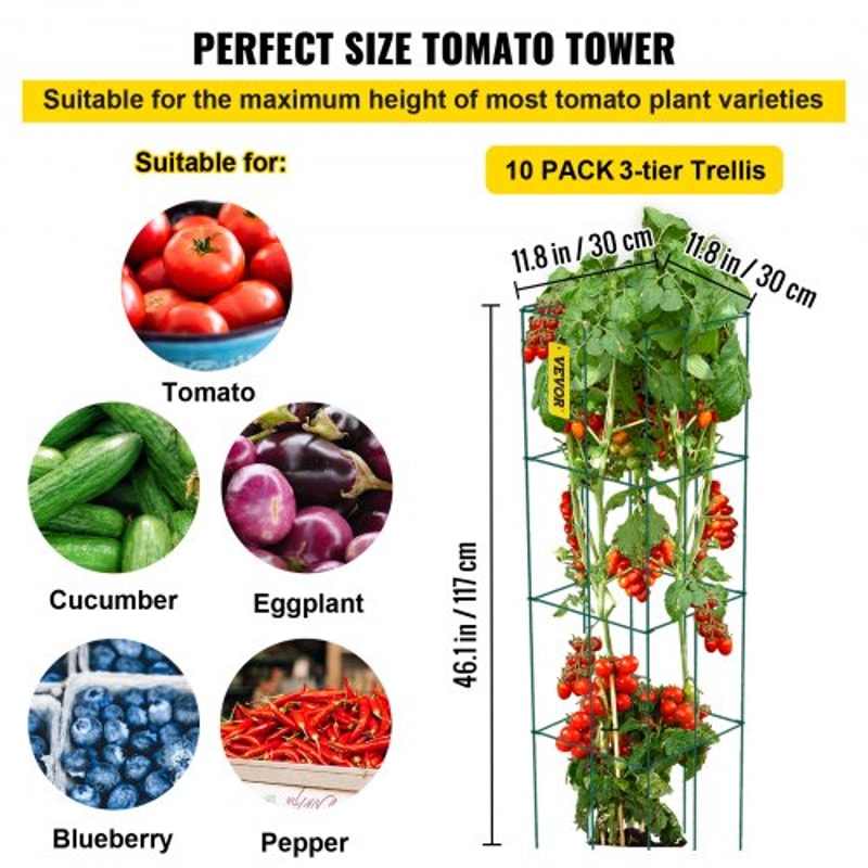 Tomato Cages 10 Pack 3Tier 461 Tall Square Plant Support Cages Sturdy Green PVCCoated Steel Trellis 3