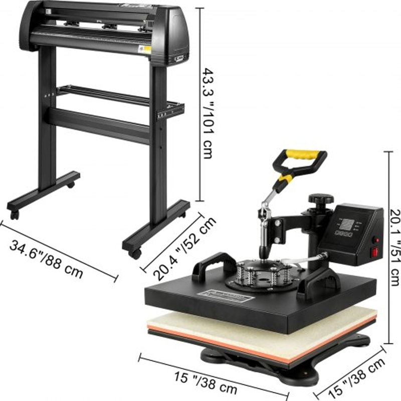 5-in-1 Heat Press & Vinyl Cutter Combo – 15"x15" T-Shirt Press with 28" Cutting Plotter & USB Port for Custom Apparel