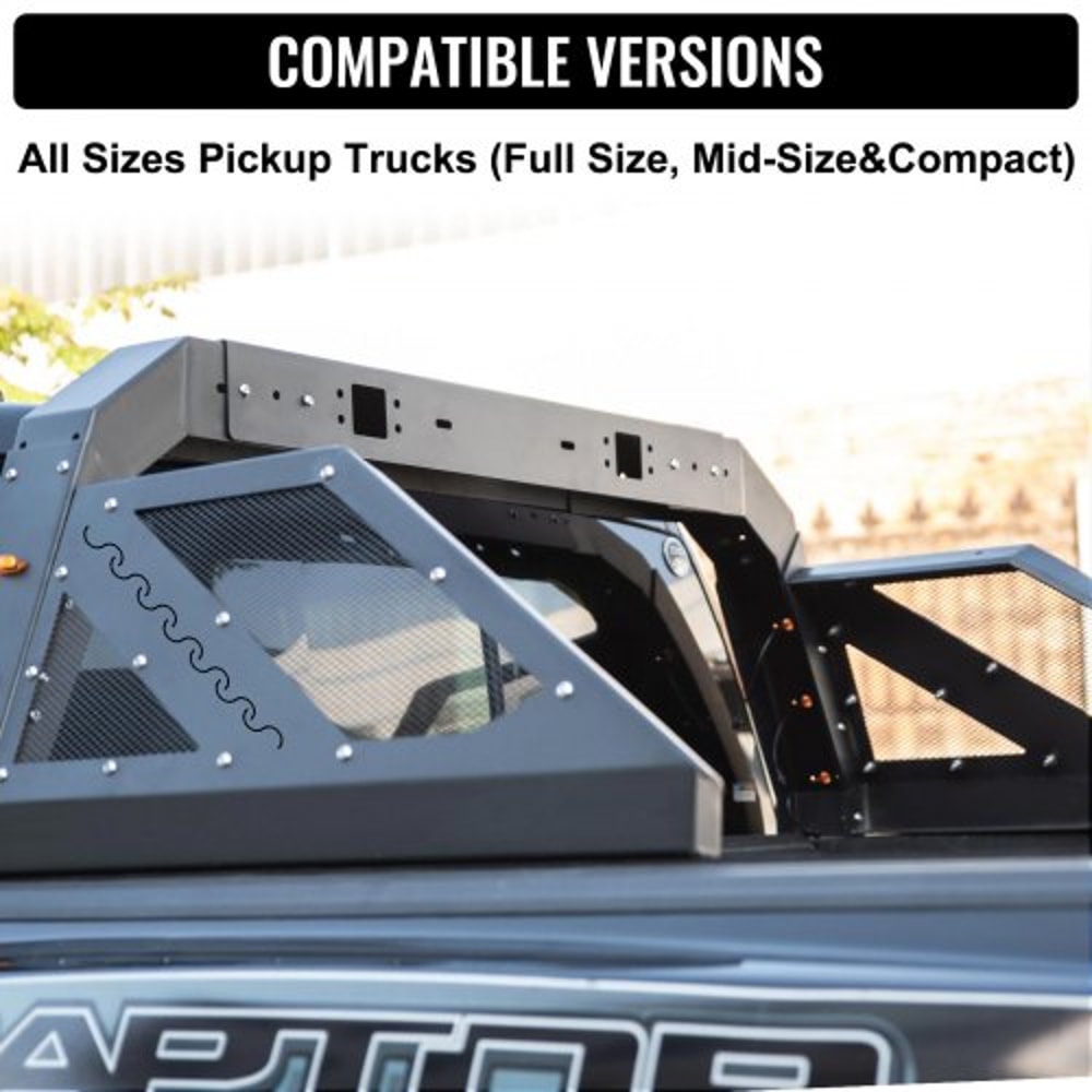 Adjustable Truck Roll Bar Chase Rack with Amber Side Marker Lamps, Universal Fit, Heavy-Duty Steel for Pickup Truck Beds