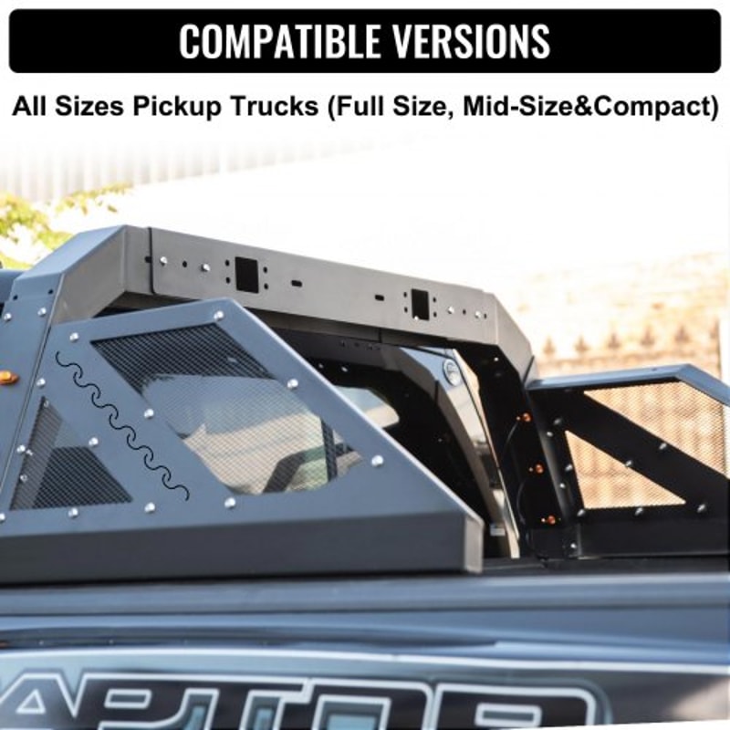 Adjustable Truck Roll Bar Chase Rack with Amber Side Marker Lamps, Universal Fit, Heavy-Duty Steel for Pickup Truck Beds