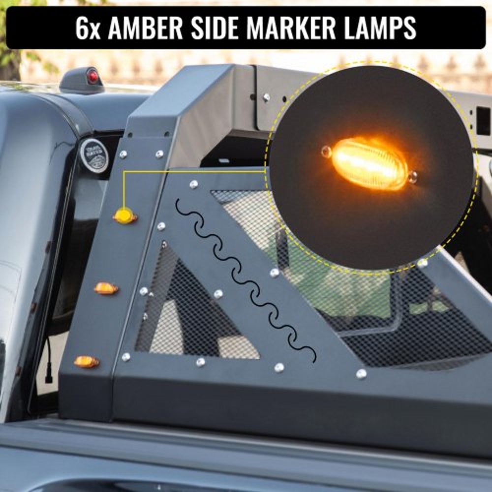 Adjustable Truck Roll Bar Chase Rack with Amber Side Marker Lamps, Universal Fit, Heavy-Duty Steel for Pickup Truck Beds