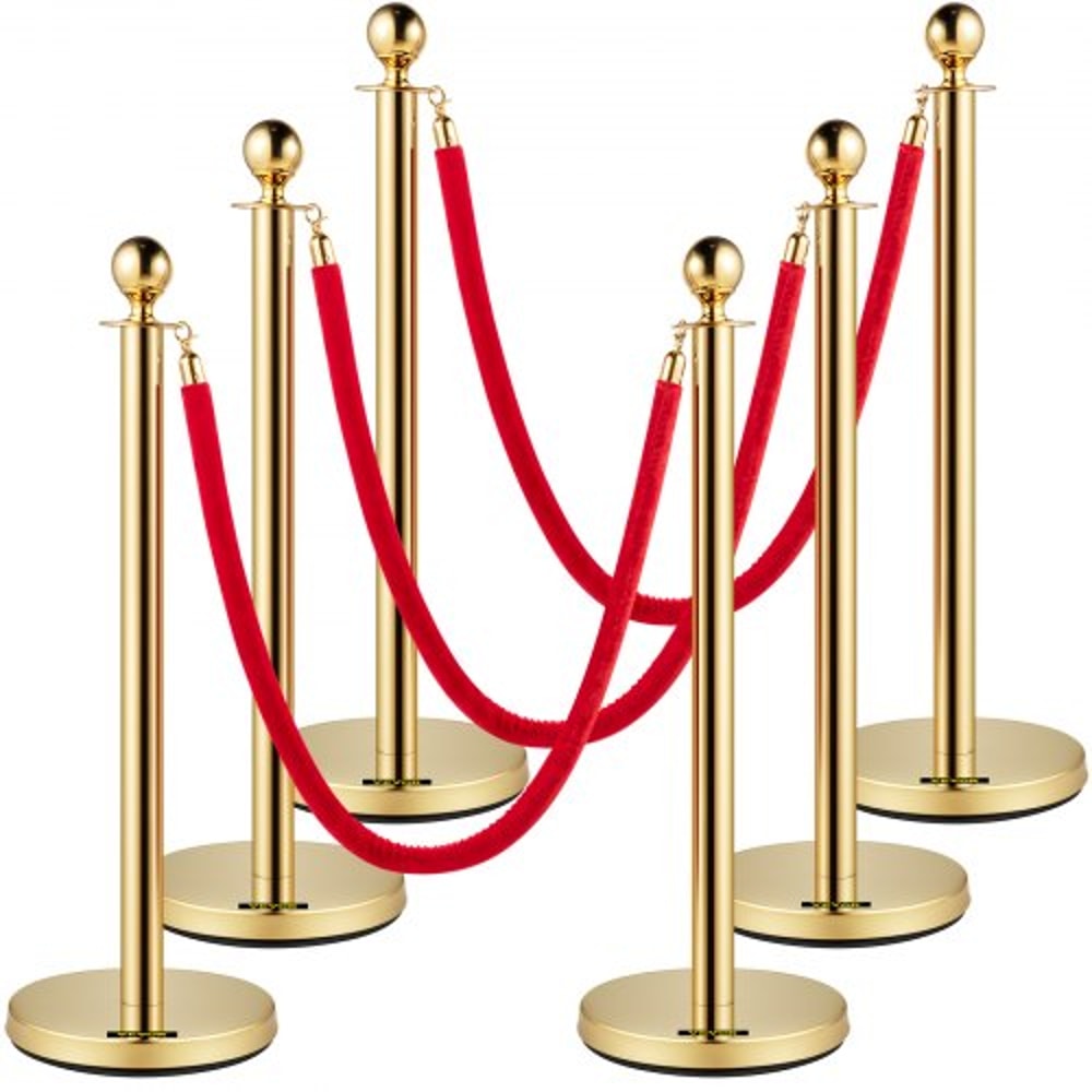 Gold Stanchion with Ball Top, Stainless Steel Velvet Ropes and Posts, Red Crowd Control Barrier for Events, Hotels