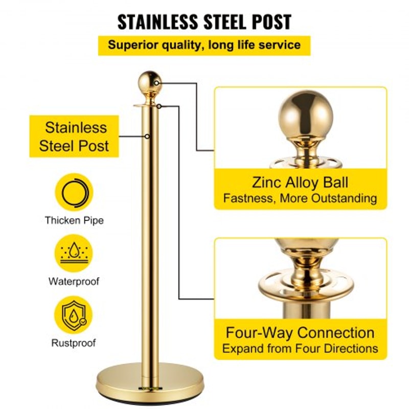 Gold Stanchion with Ball Top, Stainless Steel Velvet Ropes and Posts, Red Crowd Control Barrier for Events, Hotels