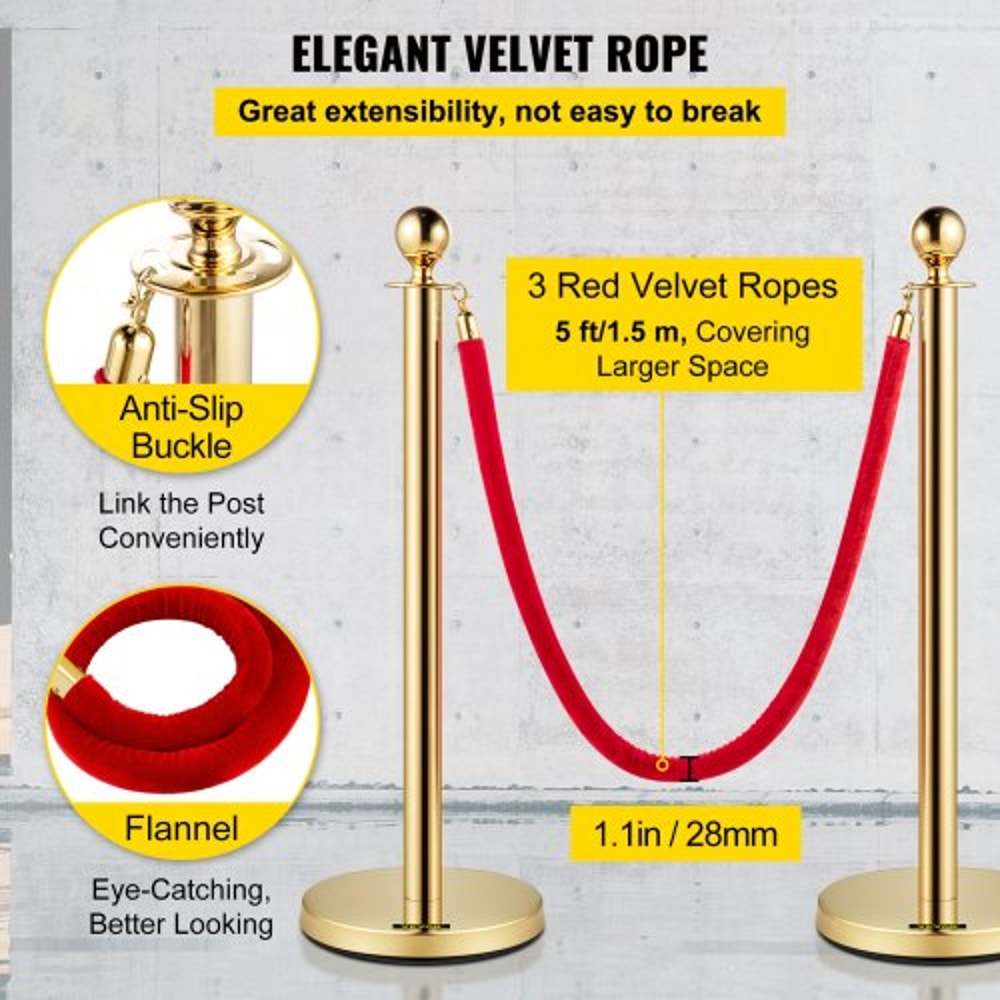 Gold Stanchion with Ball Top, Stainless Steel Velvet Ropes and Posts, Red Crowd Control Barrier for Events, Hotels