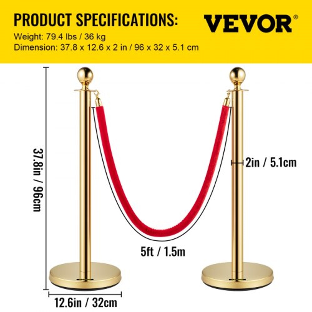 Gold Stanchion with Ball Top, Stainless Steel Velvet Ropes and Posts, Red Crowd Control Barrier for Events, Hotels