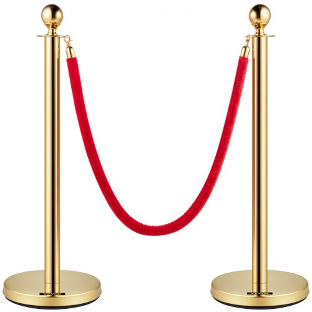 Gold Stanchion with Ball Top, Stainless Steel Velvet Ropes and Posts, Red Crowd Control Barrier for Events, Hotels