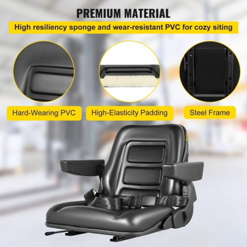 Heavy-Duty Universal Forklift Seat Black PVC Tractor Seat, Adjustable Mower Seat with Armrests, Seat Belt & Switch