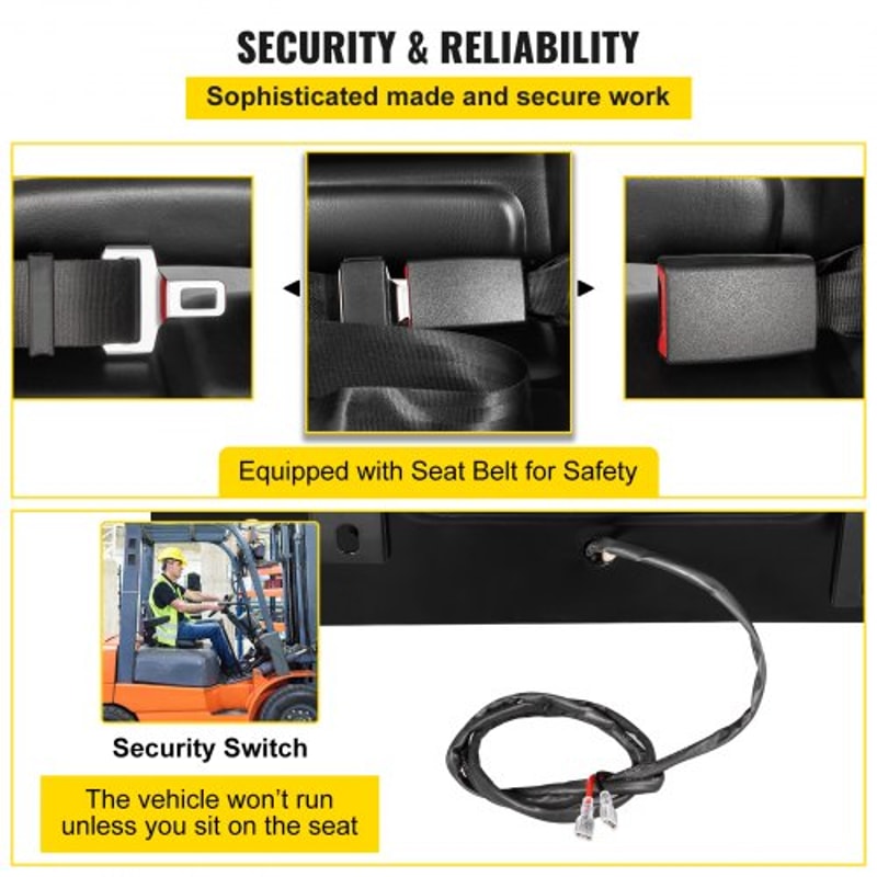 Heavy-Duty Universal Forklift Seat Black PVC Tractor Seat, Adjustable Mower Seat with Armrests, Seat Belt & Switch