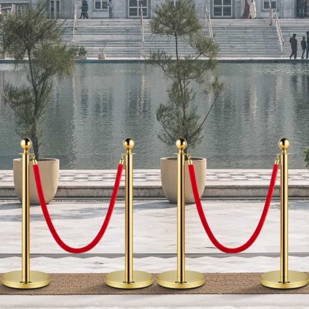 Stainless Steel Gold Stanchion Posts with Ball Top, Red Velvet Ropes and Posts, Crowd Control Barrier for Hotels, Events