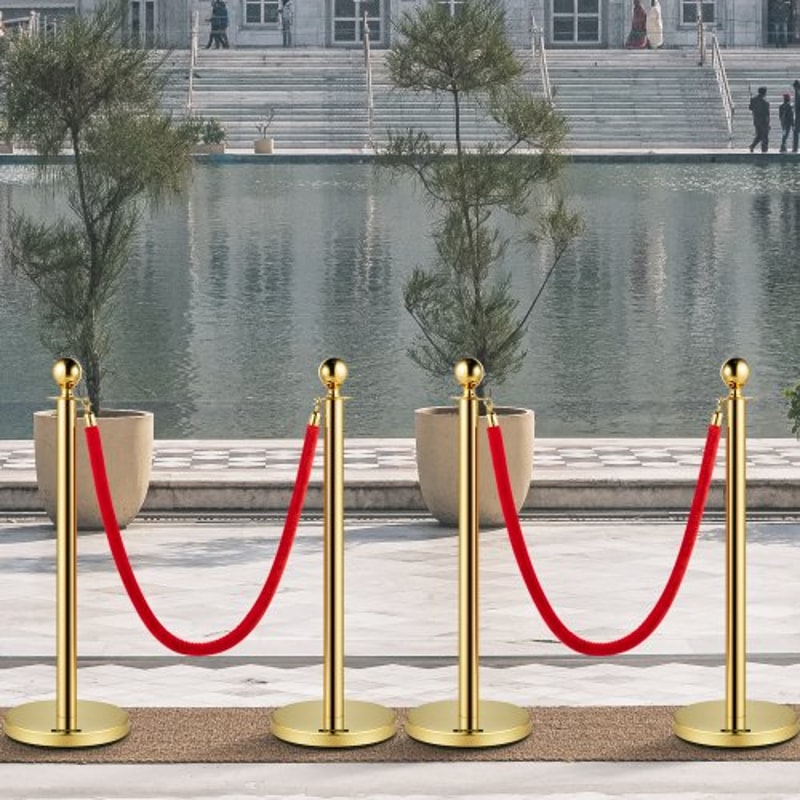 Stainless Steel Gold Stanchion Posts with Ball Top, Red Velvet Ropes and Posts, Crowd Control Barrier for Hotels, Events
