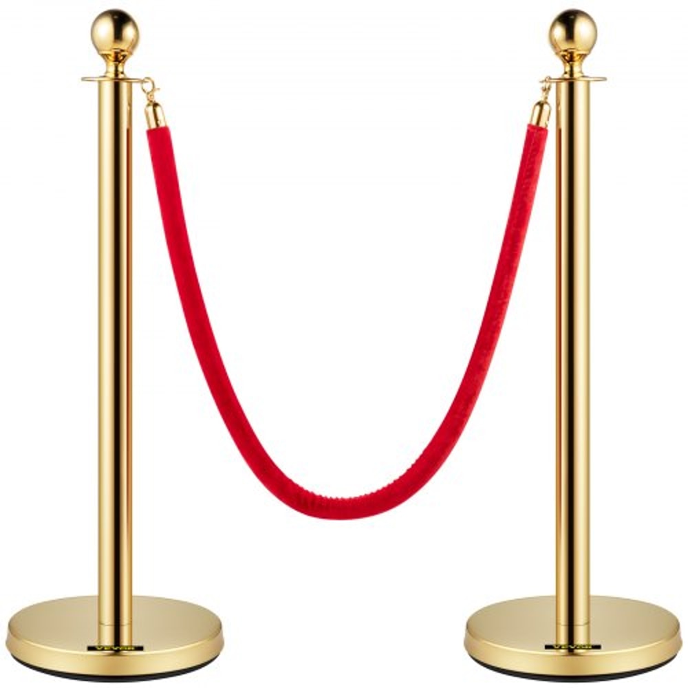 Stainless Steel Gold Stanchion Posts with Ball Top, Red Velvet Ropes and Posts, Crowd Control Barrier for Hotels, Events