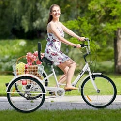adult folding tricycle, 24" wheels, 7-speed, foldable 3-wheel bike for adults with large rear basket