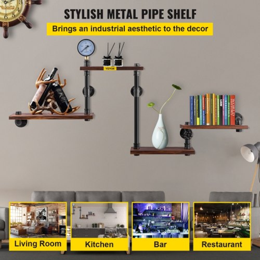 Pipe Shelves with Wood Planks, Rustic Industrial Wall Mounted Floating Shelving for Bar, Kitchen, Bathroom, Farmhouse