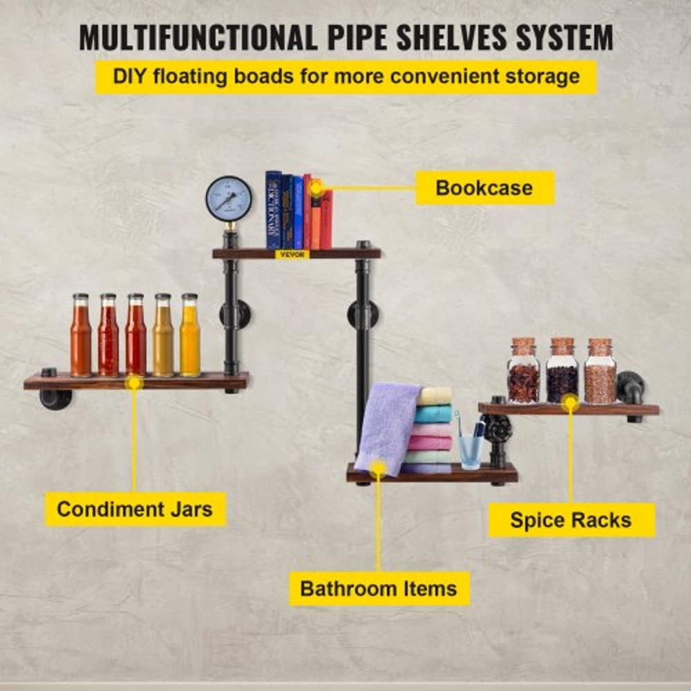 Pipe Shelves with Wood Planks, Rustic Industrial Wall Mounted Floating Shelving for Bar, Kitchen, Bathroom, Farmhouse