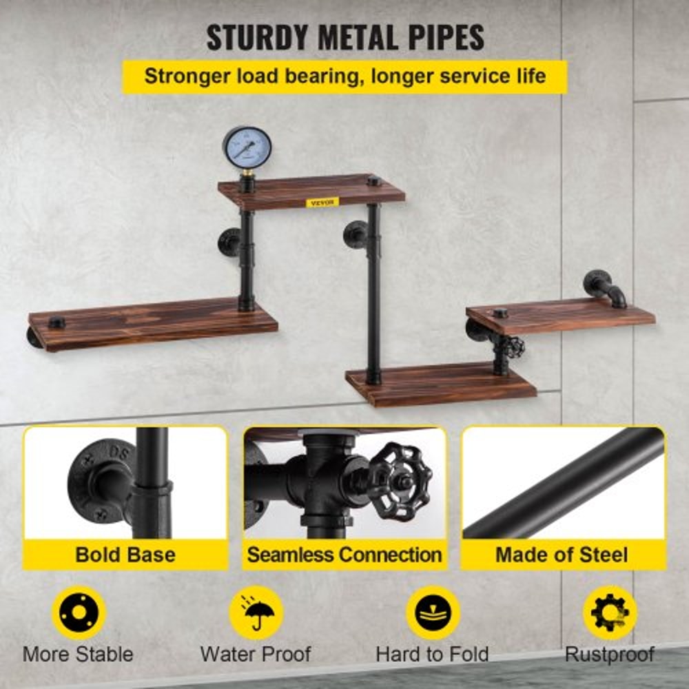 Pipe Shelves with Wood Planks, Rustic Industrial Wall Mounted Floating Shelving for Bar, Kitchen, Bathroom, Farmhouse