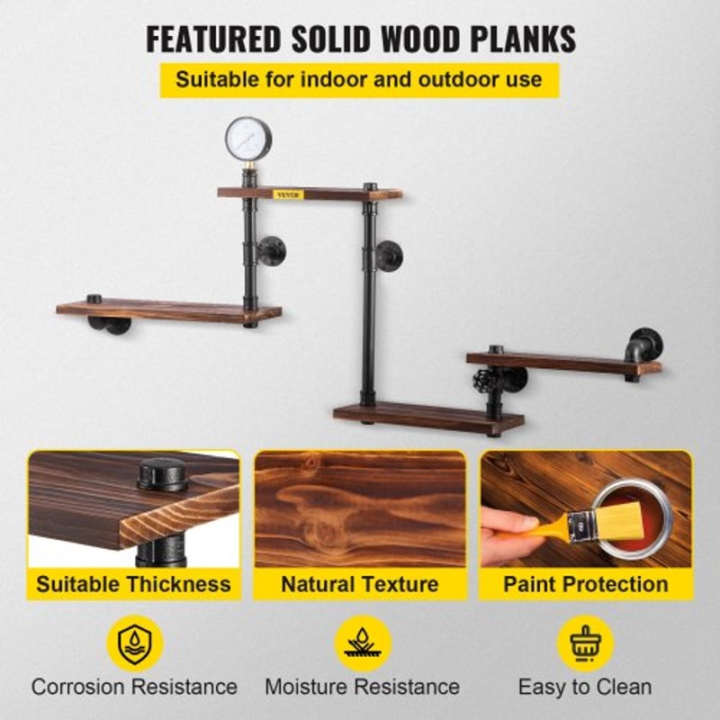 Pipe Shelves with Wood Planks, Rustic Industrial Wall Mounted Floating Shelving for Bar, Kitchen, Bathroom, Farmhouse